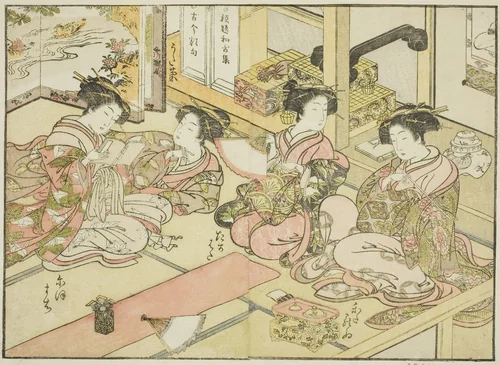 Courtesans of the Ogiya, from the book "Mirror of Beautiful Women of the Pleasure Quarters (Seiro bijin awase sugata kagami)," vol. 1 by Katsukawa Shunsho (勝川 春章), print, 1776