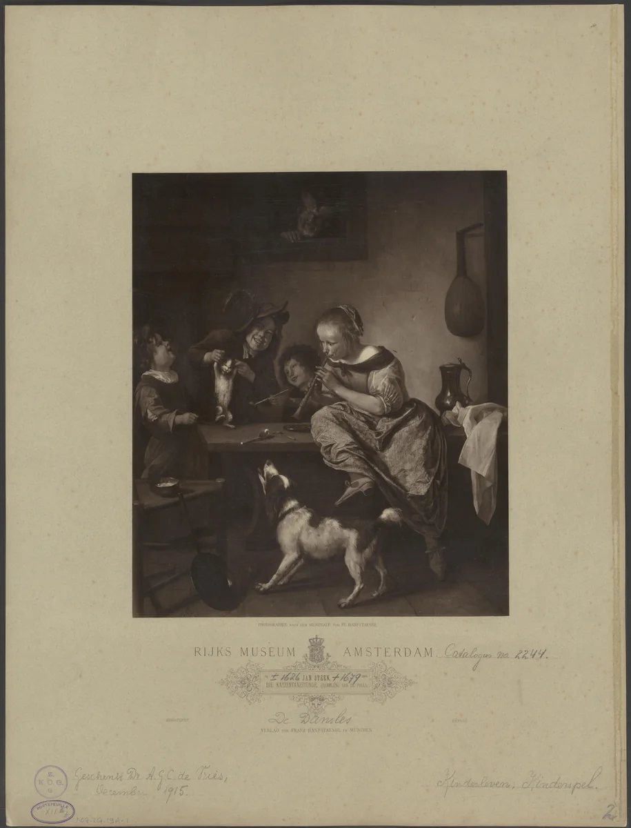 Kinderen leren een poes dansen, bekend als ‘De dansles’ by anonymous, print, 1804-1877