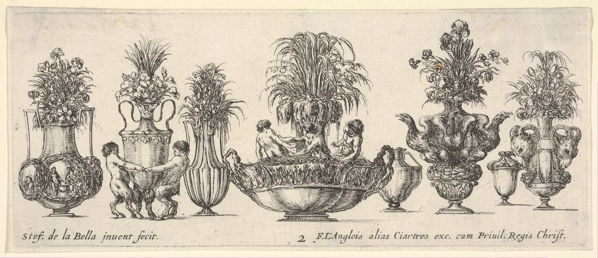 Eight vases, the largest one in the middle with three sculptures in the round of two nymphs and a triton, plate 2 from "Collection of Various Vases" (Raccolta di Vasi Diversi) by Stefano della Bella, print, 1650-1656