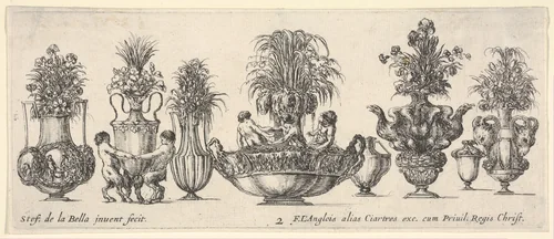 Eight vases, the largest one in the middle with three sculptures in the round of two nymphs and a triton, plate 2 from "Collection of Various Vases" (Raccolta di Vasi Diversi) by Stefano della Bella, print, 1650-1656