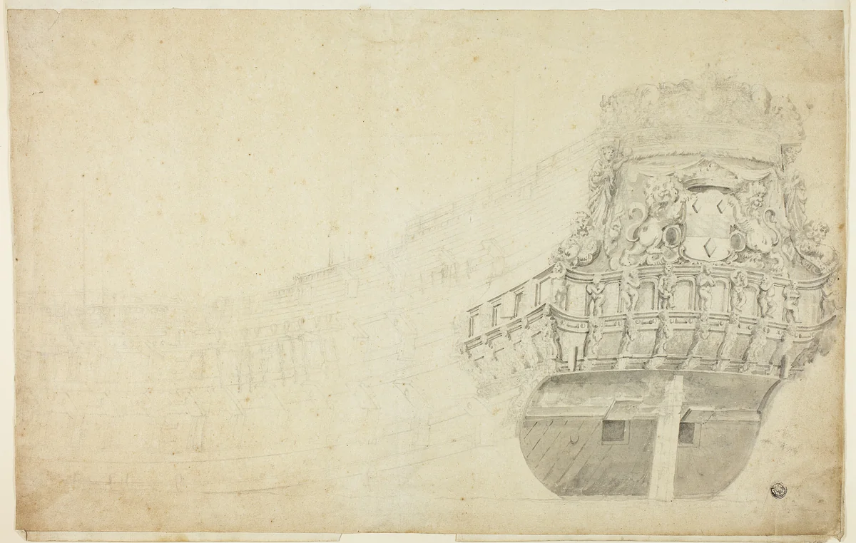 Partial Sketch of a Dutch Vessel Seen from Port Quarter by Willem van de Velde, drawing, 1621-1707