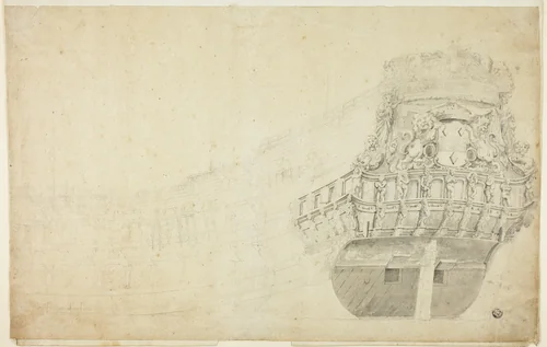 Partial Sketch of a Dutch Vessel Seen from Port Quarter by Willem van de Velde, drawing, 1621-1707