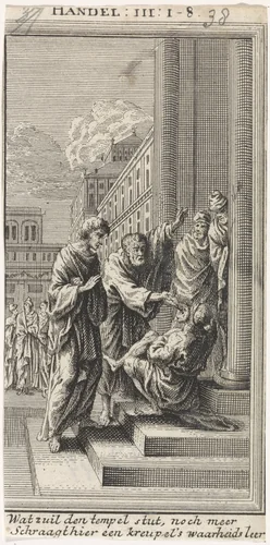 Peter and John heal a paralyzed man at the temple gate by anonymous, print, 1712