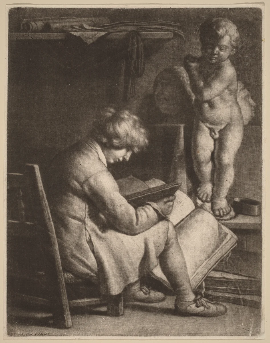 Young Artist with a Statue of Cupid by Wallerant Vaillant, print, 1623-1677