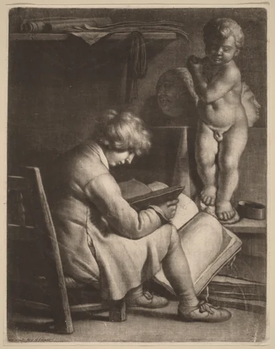 Young Artist with a Statue of Cupid by Wallerant Vaillant, print, 1623-1677