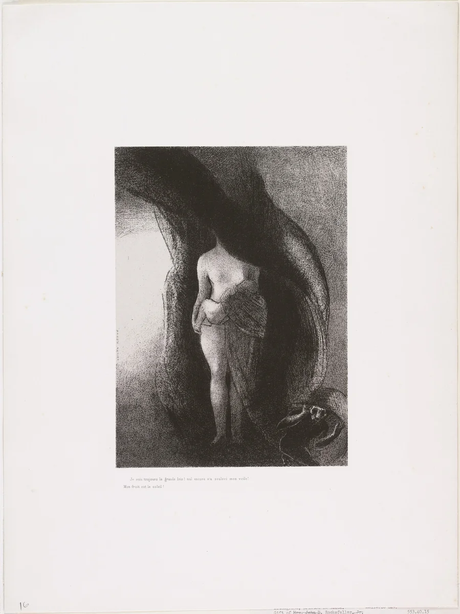I Am Still the Great Isis! Nobody Has Ever Yet Lifted My Veil! My Fruit Is the Sun! (Je suis toujours la grande Isis! Nul n'a encore soulevé mon voile! Mon fruit est le soleil!) from The Temptation of Saint Anthony (La Tentation de Saint-Antoine) by Odilon Redon, print, 1896
