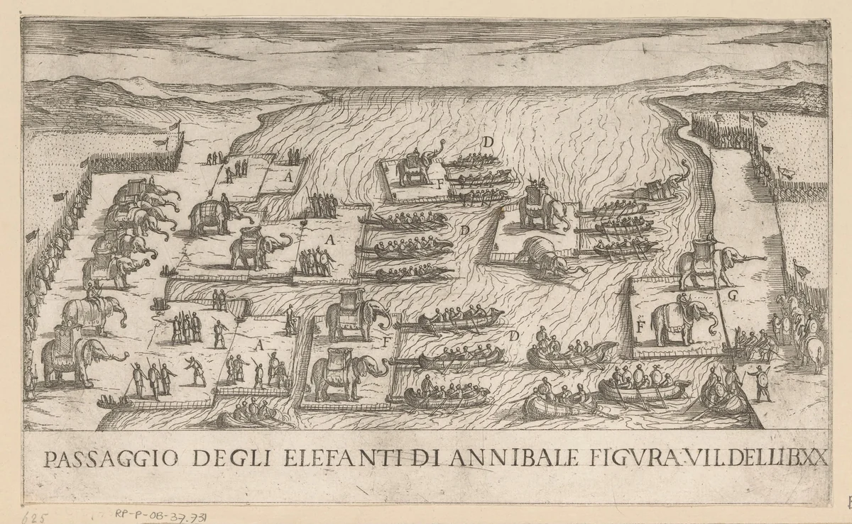 De olifanten van Hannibal steken de rivier de Rhône over by Unknown, print, 1565-1630