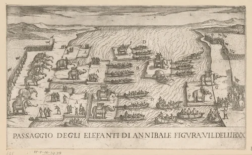 De olifanten van Hannibal steken de rivier de Rhône over by Unknown, print, 1565-1630