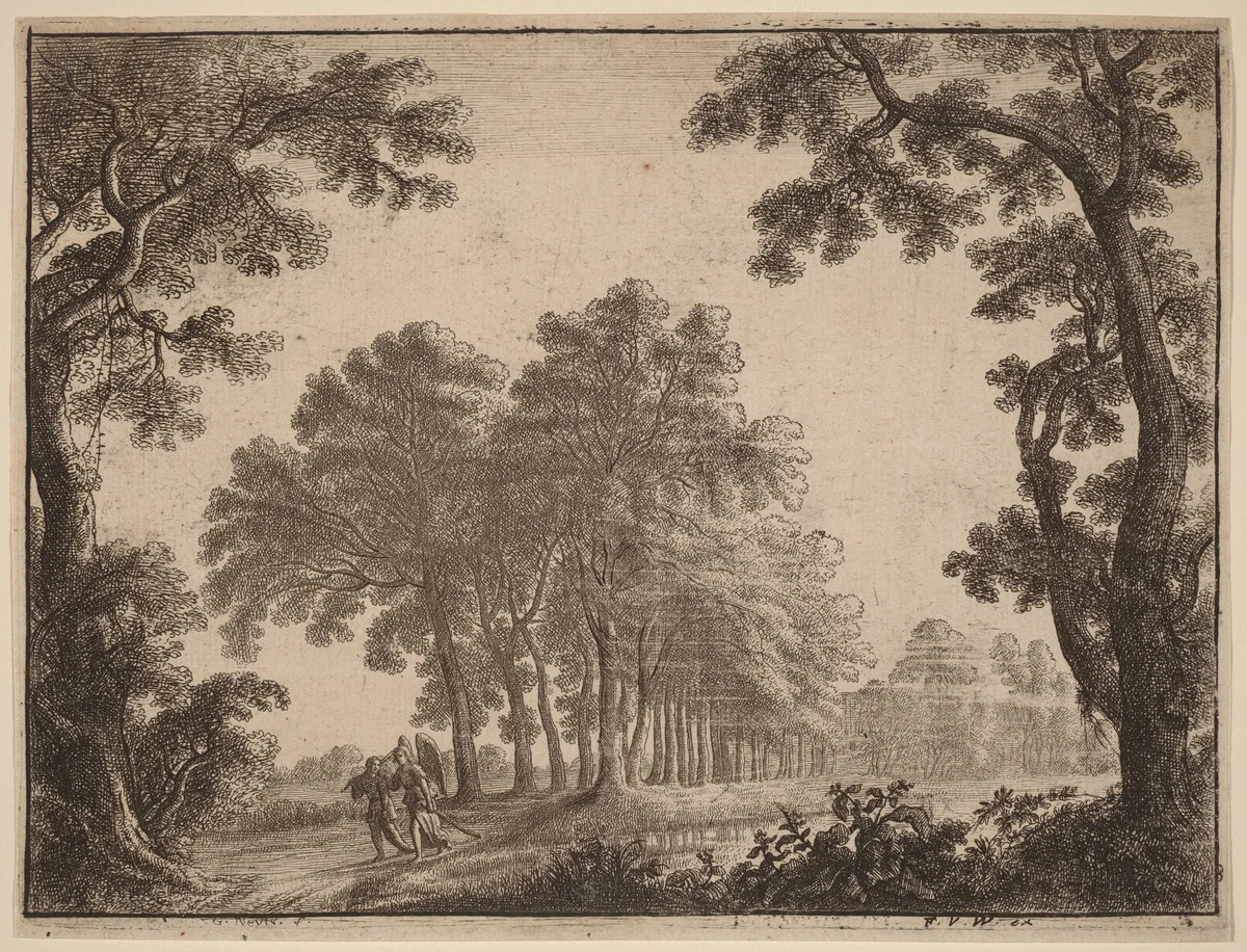 Landscape with Tobias and the Angel by Gilles Neyts; Frans van den Wyngaerde, print, 1623-1687