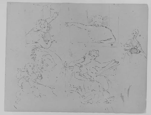 Two Sketches of Females Looking out of a Window; Seated Female; Mother Playing with Child; Seated Male and Female Looking at a Book (from Sketchbook) by Thomas Sully, artwork, 1810-1820
