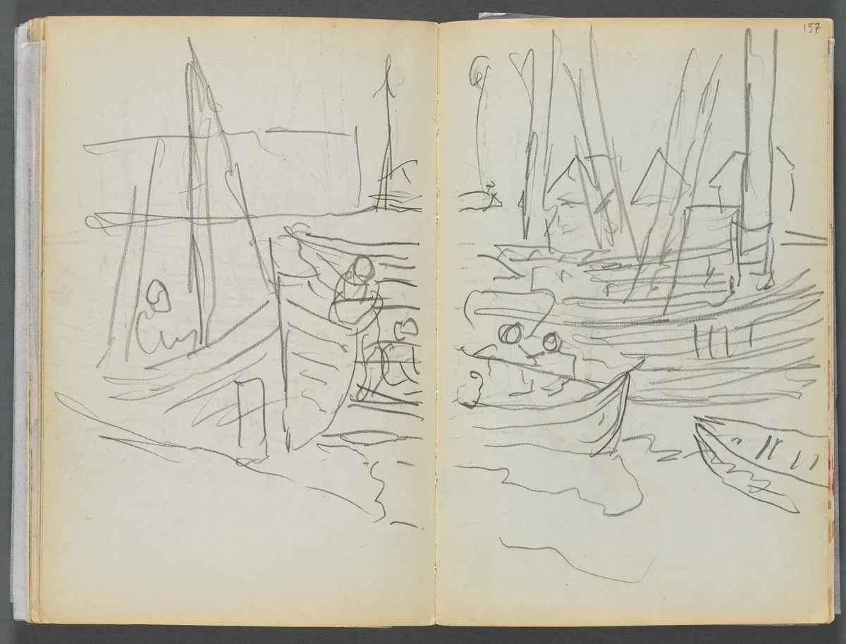 Sketchbook- The Granite Shore Hotel, Rockport, page 156 &157: Boats in Harbor by Maurice Prendergast, book, 1905-1910