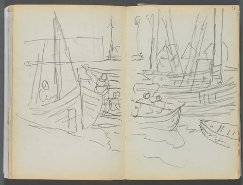 Sketchbook- The Granite Shore Hotel, Rockport, page 156 &157: Boats in Harbor by Maurice Prendergast, book, 1905-1910