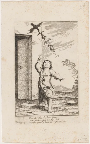 Bertoldino with the Birds Carried Away By the Kite by Giuseppe Maria Crespi, print, 1705-1715