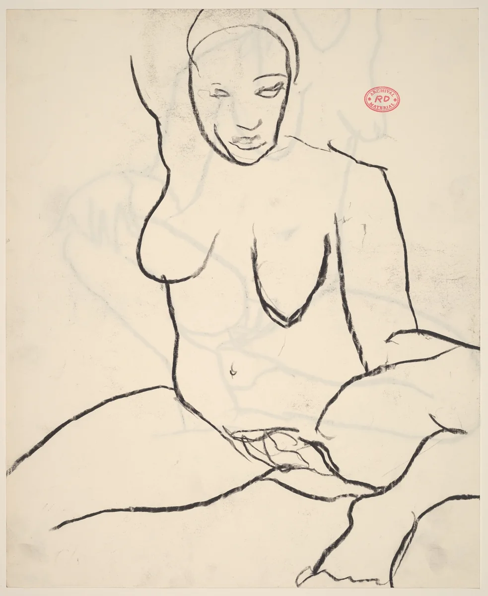 Untitled [seated female nude with raised right arm] [recto] by Richard Diebenkorn, drawing, 1955-1967