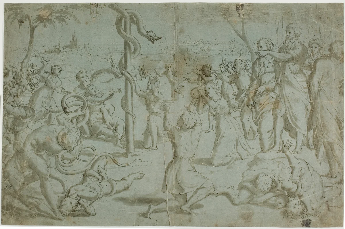 Moses and the Brazen Serpent (recto); Ornamental Base (verso) by Tommaso Vincidor, drawing, 1528-1699