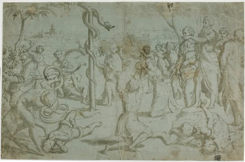 Moses and the Brazen Serpent (recto); Ornamental Base (verso) by Tommaso Vincidor, drawing, 1528-1699