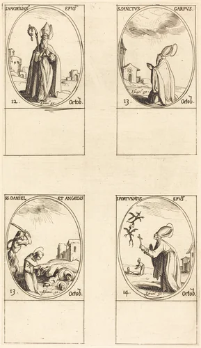 St. Maximilian; St. Carpus; St. Daniel and Angelus; St. Fortunatus by Jacques Callot, print, 1627-1637