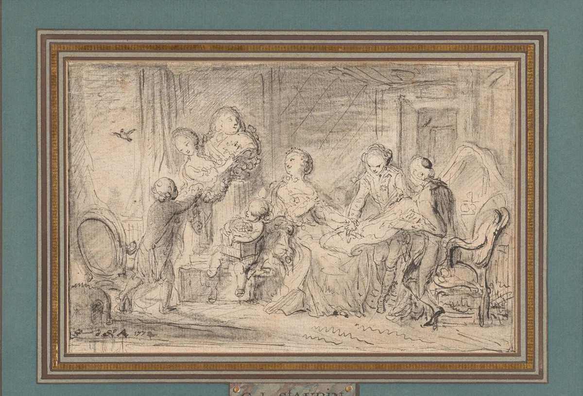 Dame laat zich een ontwerp voorleggen by Gabriel Jacques de Saint-Aubin, drawing, 1772-1774