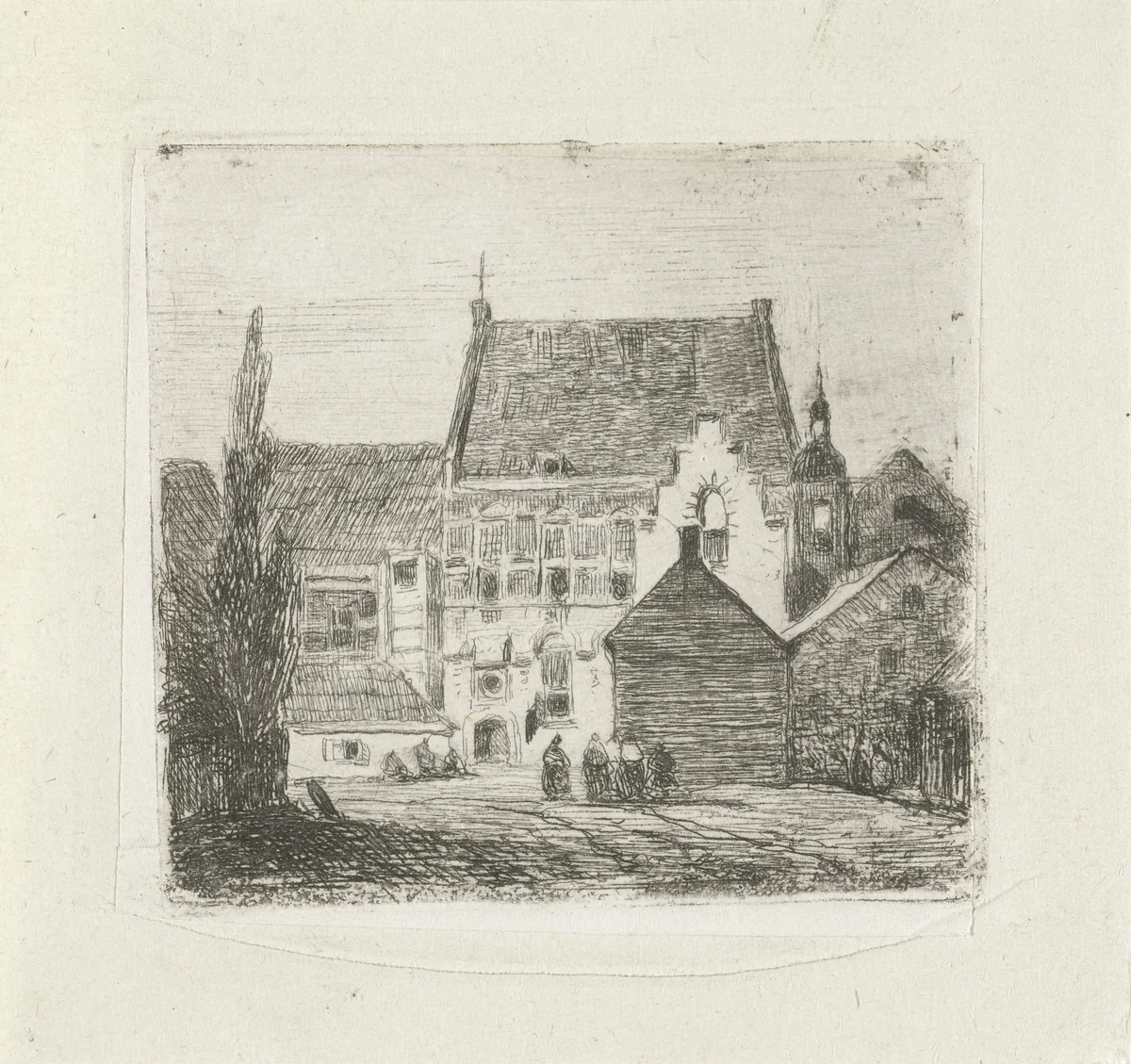 Stadsgezicht met converserende vrouwen by Lambertus Hardenberg, print, 1837-1900