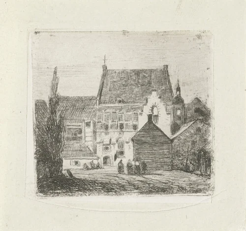 Stadsgezicht met converserende vrouwen by Lambertus Hardenberg, print, 1837-1900