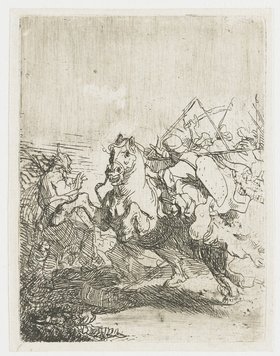A Cavalry Fight by Rembrandt van Rijn, print, 1629