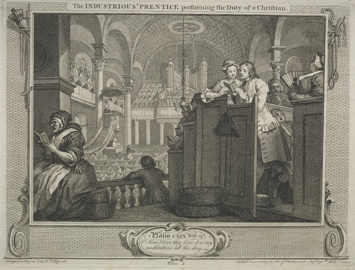 Industry and Idleness: The Industrious Prentice Performing the Duty of a Christian by William Hogarth, print, 1747