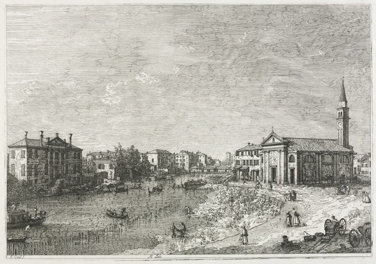 Views: View of Dolo, A Town on the Brenta, West of Venice by Antonio Canaletto, print, 1735-1746
