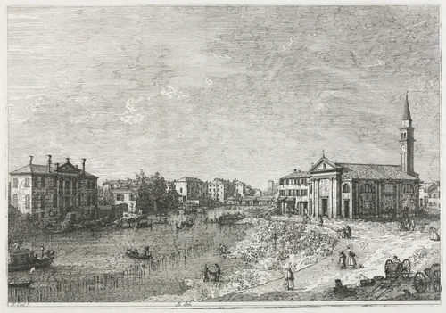 Views: View of Dolo, A Town on the Brenta, West of Venice by Antonio Canaletto, print, 1735-1746