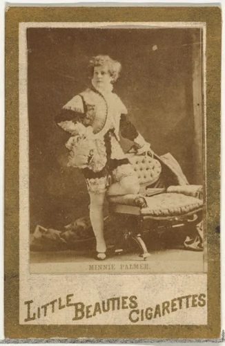 Minnie Palmer (standing beside chair), from the Actresses and Celebrities series (N60, Type 1) promoting Little Beauties Cigarettes for Allen & Ginter brand tobacco products by Allen & Ginter, photograph, 1887