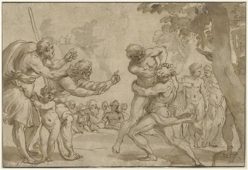 Hercules en Antaeus by Domenico I Piola, drawing, 1637-1703