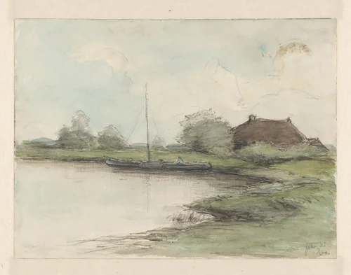 Gemeerde schuit in de IJssel by Pieter Ras, drawing, 1903