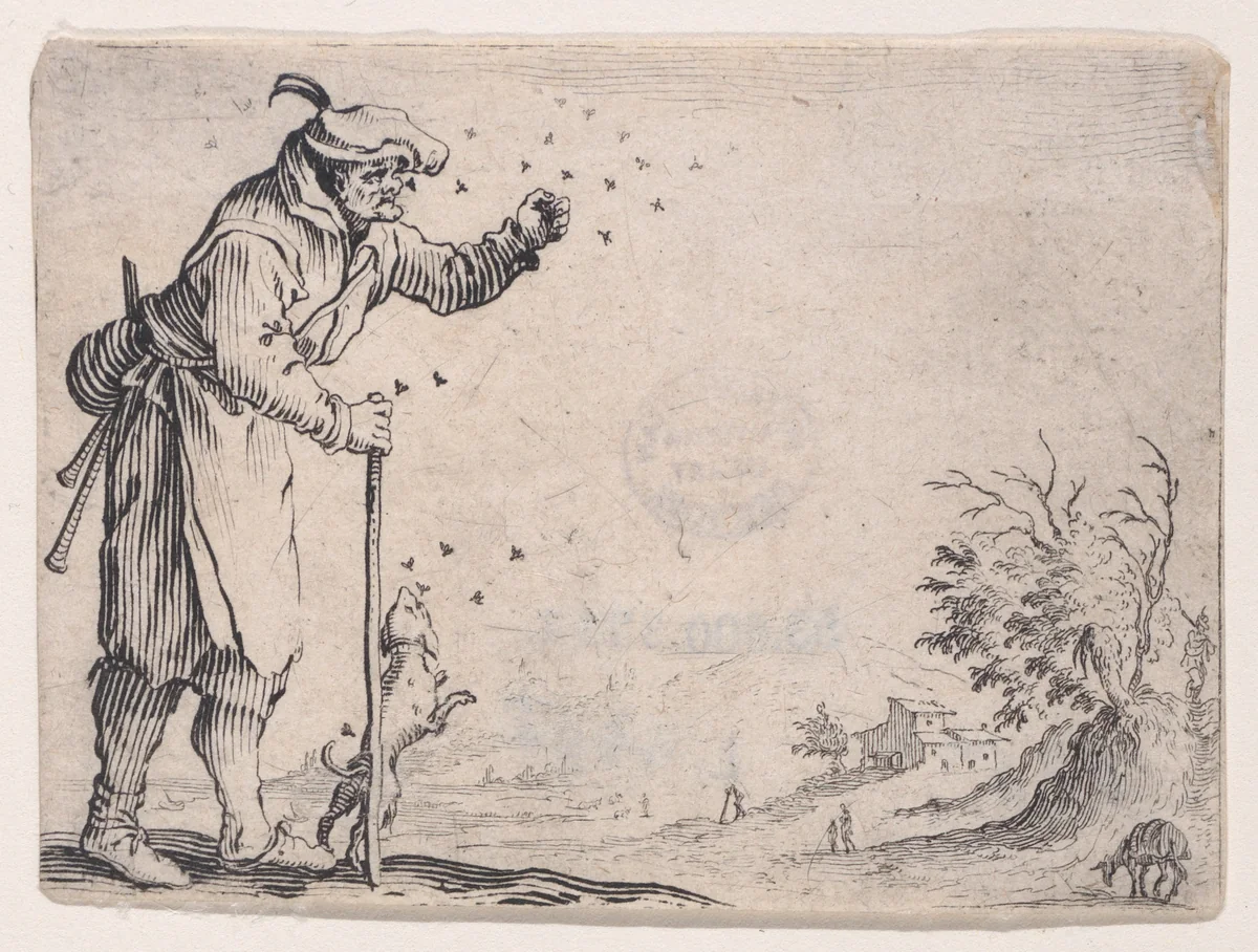 Le Paysan Assailli par les Abeilles (The Peasant Attacked by Bees), from Les Caprices Series B, The Nancy Set by Jacques Callot, print, 1617-1620