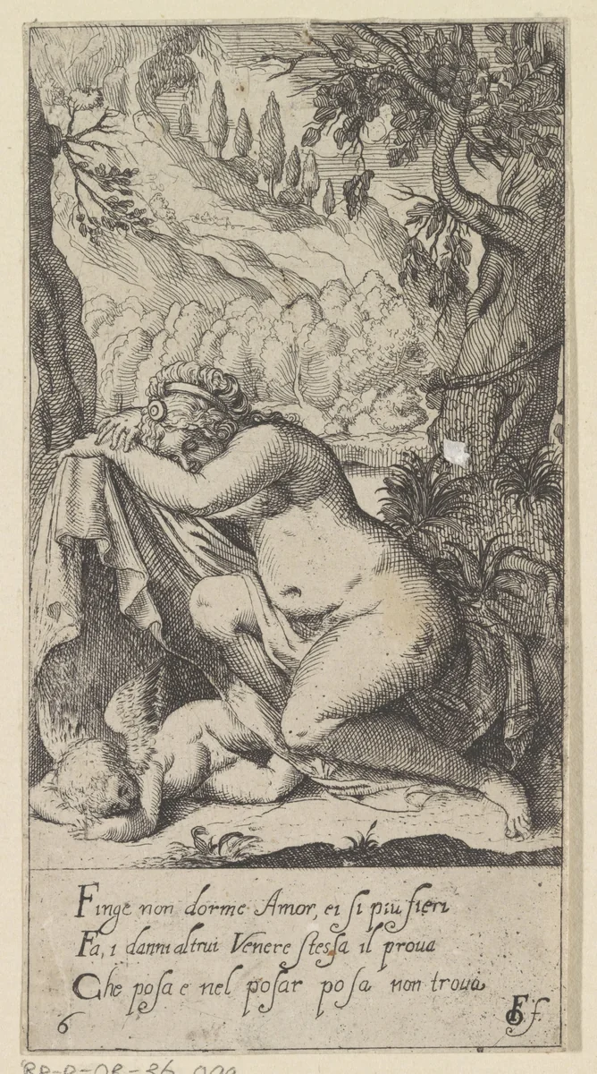 Slapende Venus en Amor by anonymous, print, 1617