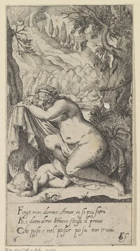 Slapende Venus en Amor by anonymous, print, 1617