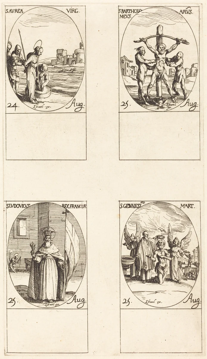 St. Aurea; St. Bartholomew; St. Louis; St. Genesius by Jacques Callot, print, 1627-1637