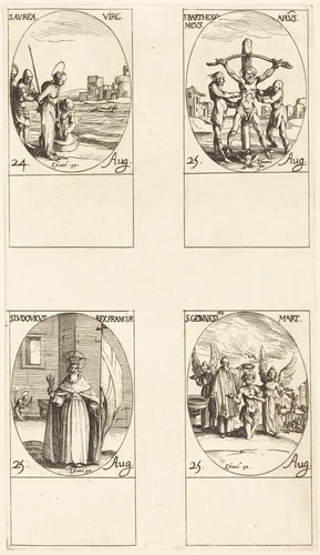 St. Aurea; St. Bartholomew; St. Louis; St. Genesius by Jacques Callot, print, 1627-1637