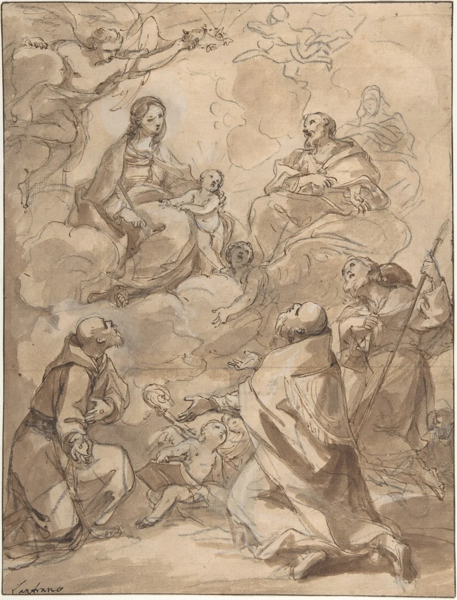 The Holy Family Appearing to St. Francis, St. Augustine, and St. Roch by Charles Joseph Natoire, drawing, 1715-1777