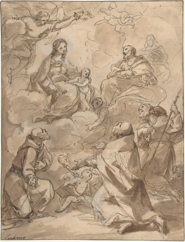 The Holy Family Appearing to St. Francis, St. Augustine, and St. Roch by Charles Joseph Natoire, drawing, 1715-1777
