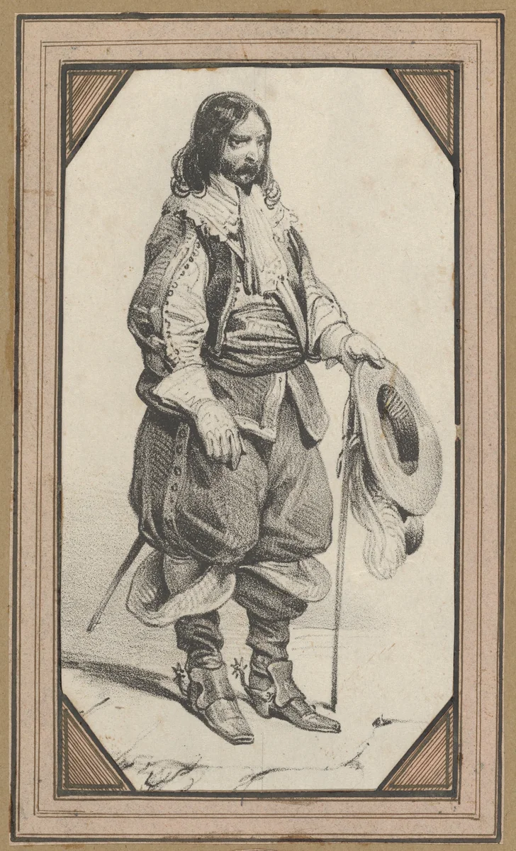 Man holding a cane and a hat by Victor Adam, print, 1820-1866