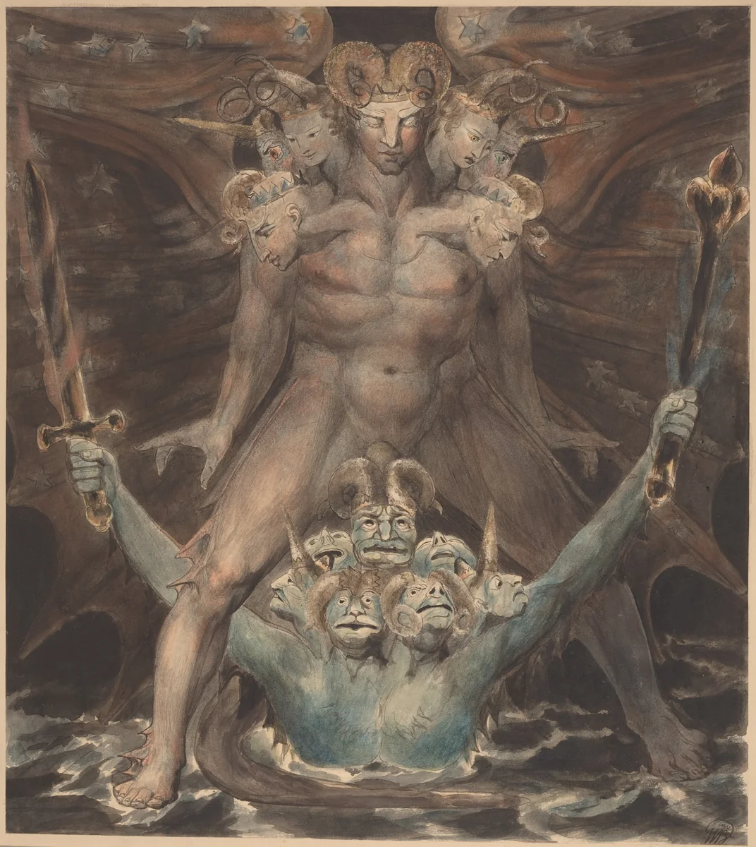 The Great Red Dragon and the Beast from the Sea by William Blake, drawing, 1805