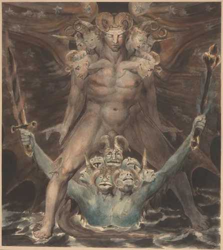 The Great Red Dragon and the Beast from the Sea by William Blake, drawing, 1805