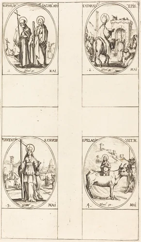 St. Philip and James the Less, Apostles; St. Anthanasius; The Invention of the Cross; St. Pelagia by Jacques Callot, print, 1627-1637