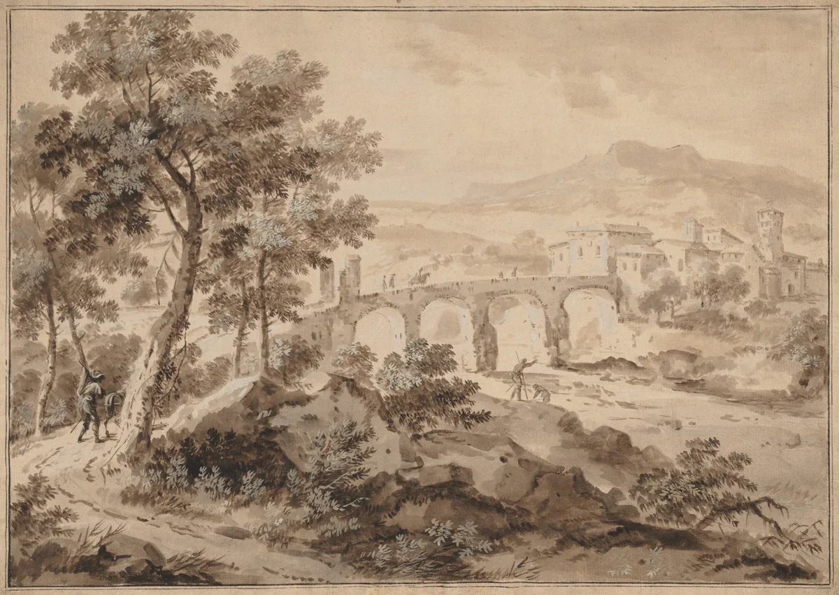 Landscape with Bridge by Marco Ricci, drawing, 1700-1729
