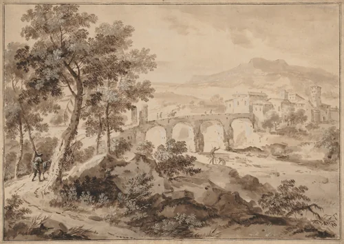 Landscape with Bridge by Marco Ricci, drawing, 1700-1729