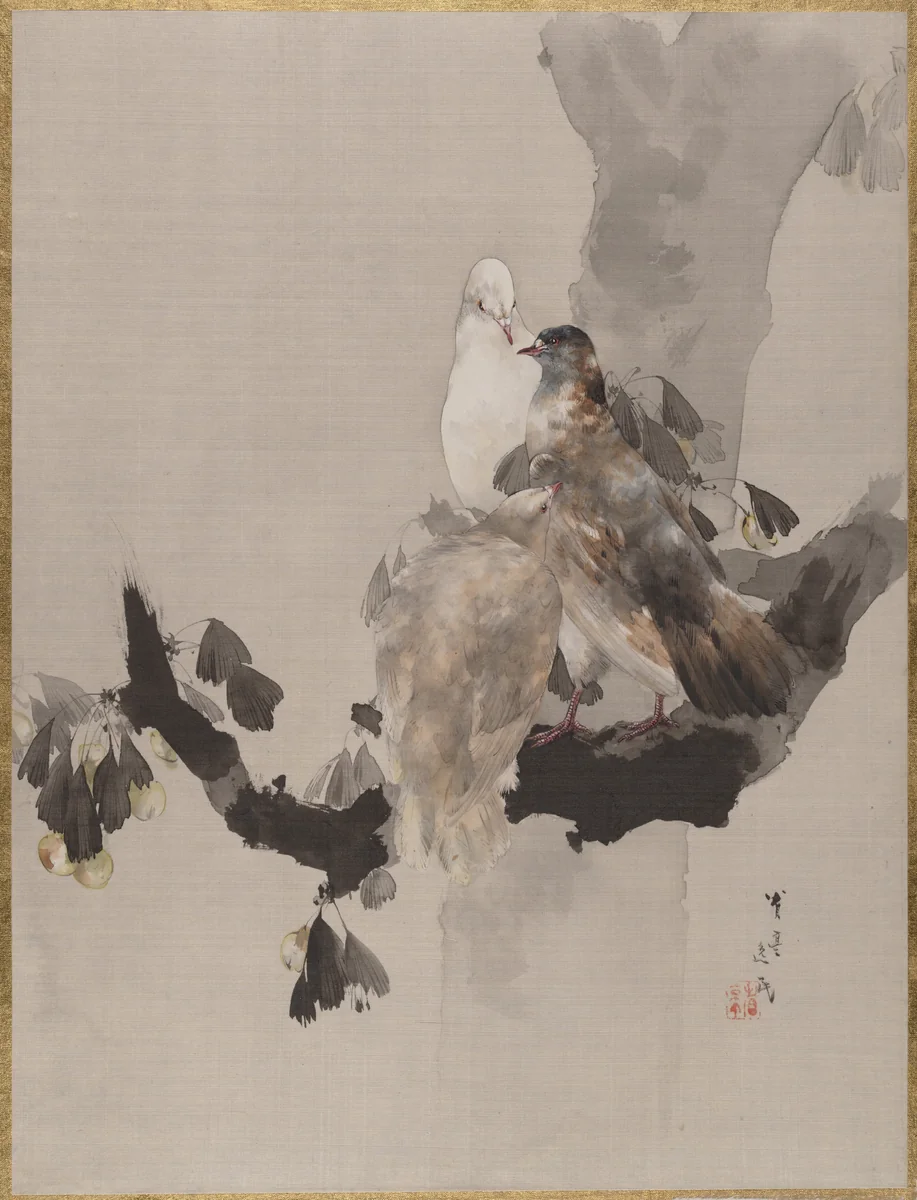 Pigeons in a Tree by Watanabe Seitei (渡辺省亭), painting, 1877-1897