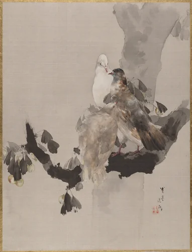 Pigeons in a Tree by Watanabe Seitei (渡辺省亭), painting, 1877-1897