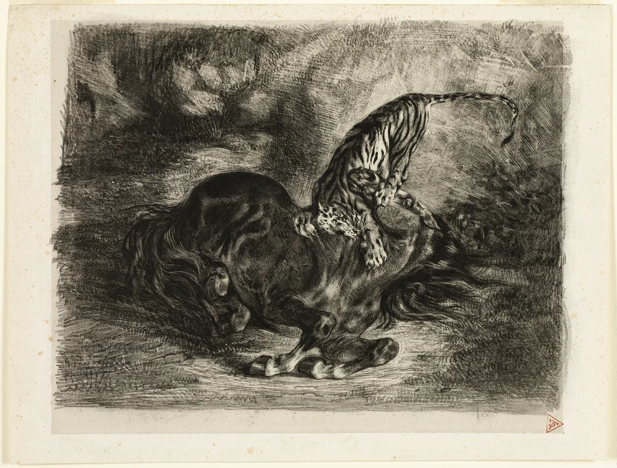 Wild Horse Brought Down by a Tiger by Eugène Delacroix, print, 1828