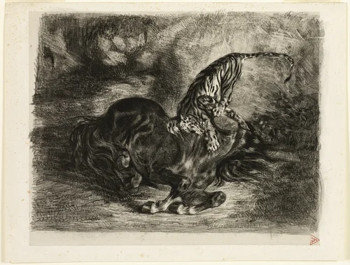Wild Horse Brought Down by a Tiger by Eugène Delacroix, print, 1828