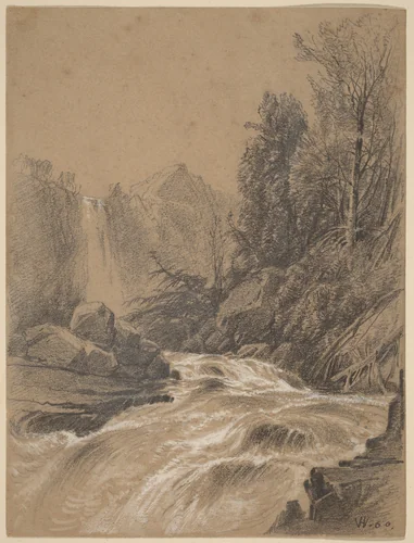 Mountain Landscape, Stream and Waterfall by William Hart, drawing, 1860
