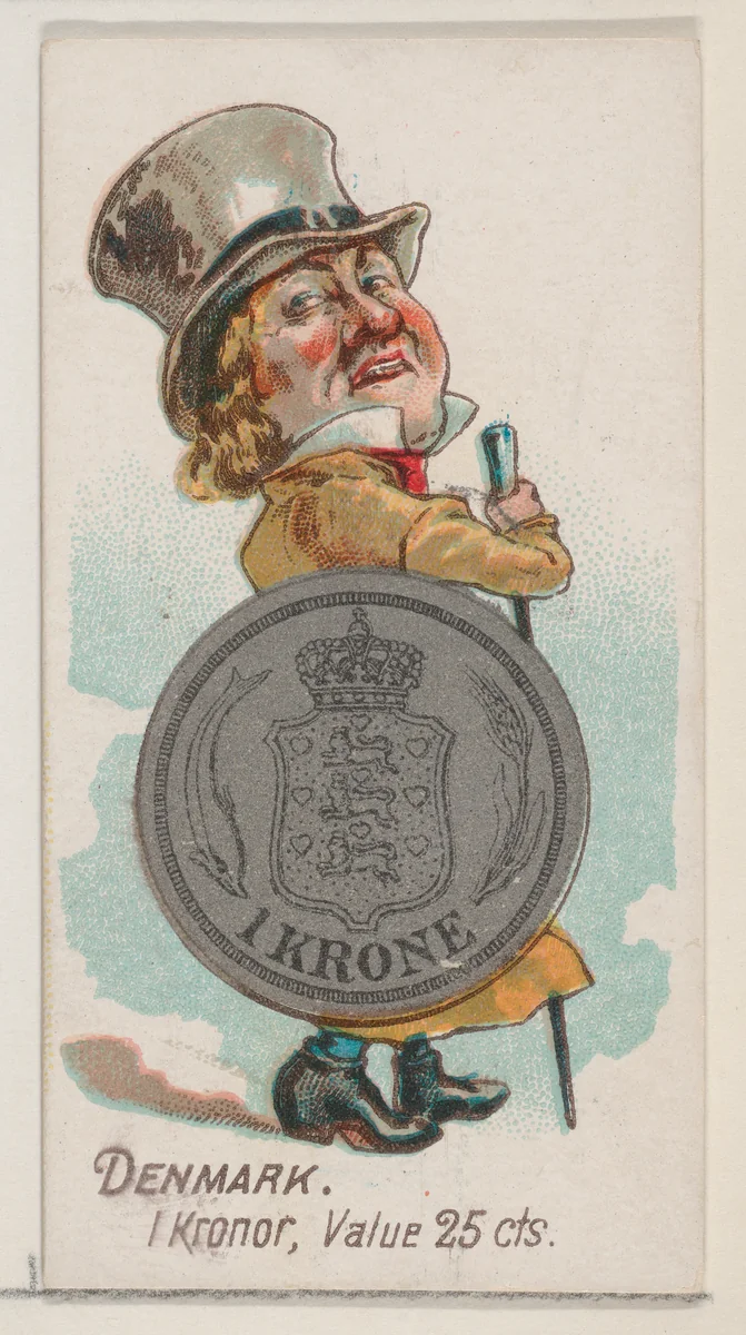 Denmark, 1 Kronor, from the series Coins of All Nations (N72, variation 2) for Duke brand cigarettes by W. Duke, Sons & Co., print, 1889